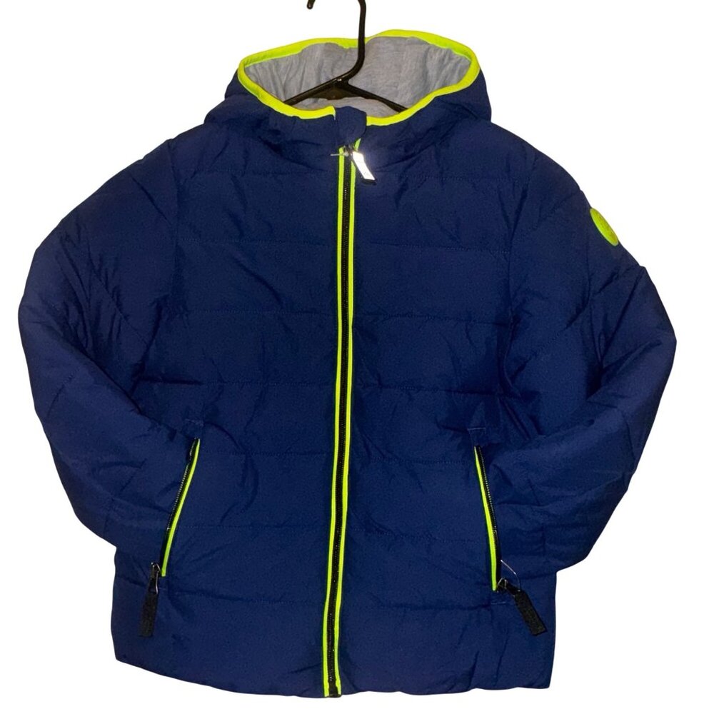 Gerry Kids Size 6 Jersey Lined Bubble Hooded Jacket Navy & Neon Green Puffer